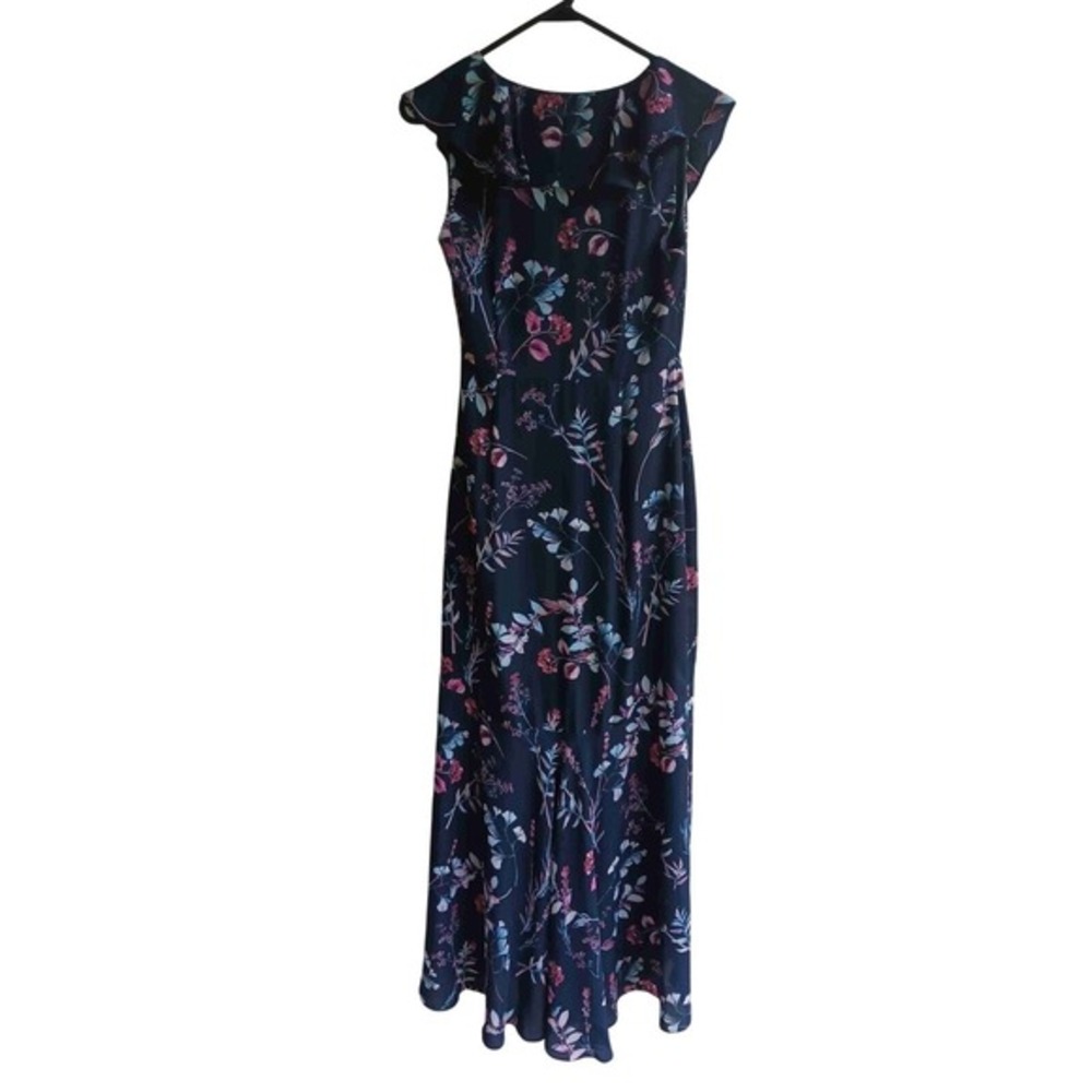 Banana Republic Floral Ruffle Maxi Dress Womens 0 Navy Blue Boho Quiet Luxury